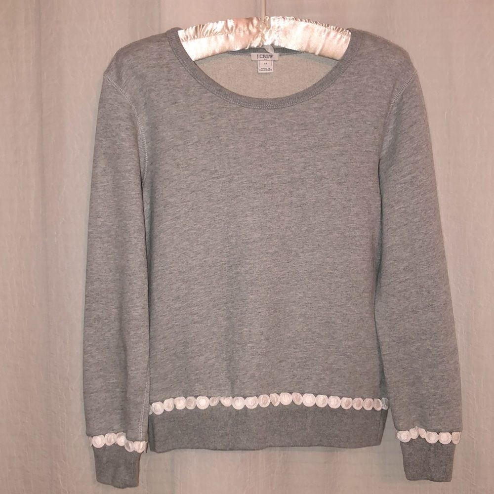 J. Crew XS Silver Gray White Eyelet Embroidered Cuffs and Hem Crewneck Pullover